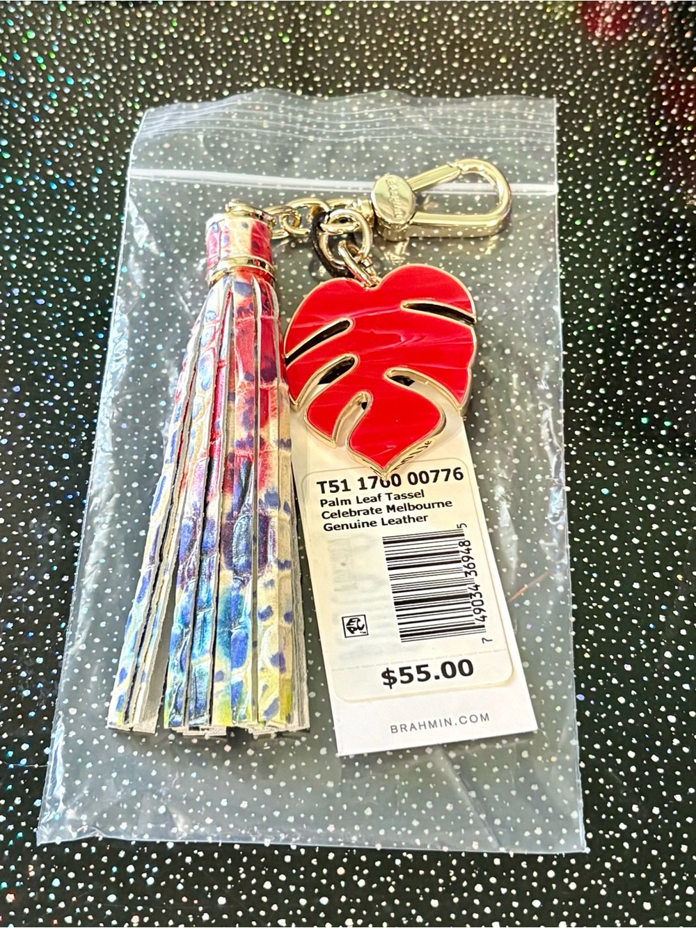 Brahmin Celebrate Red Palm Leaf Tassel Key & Card Holder Charm